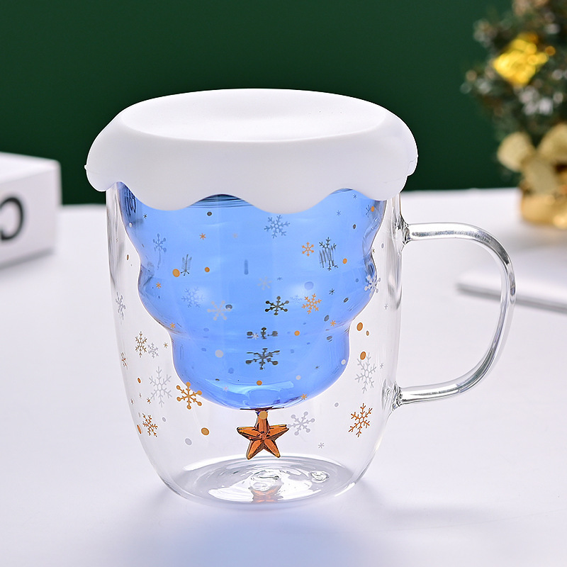 Taza navideña de vidrio de doble capa con asa, diseño de estrella y deseos, ideal para leche o jugo