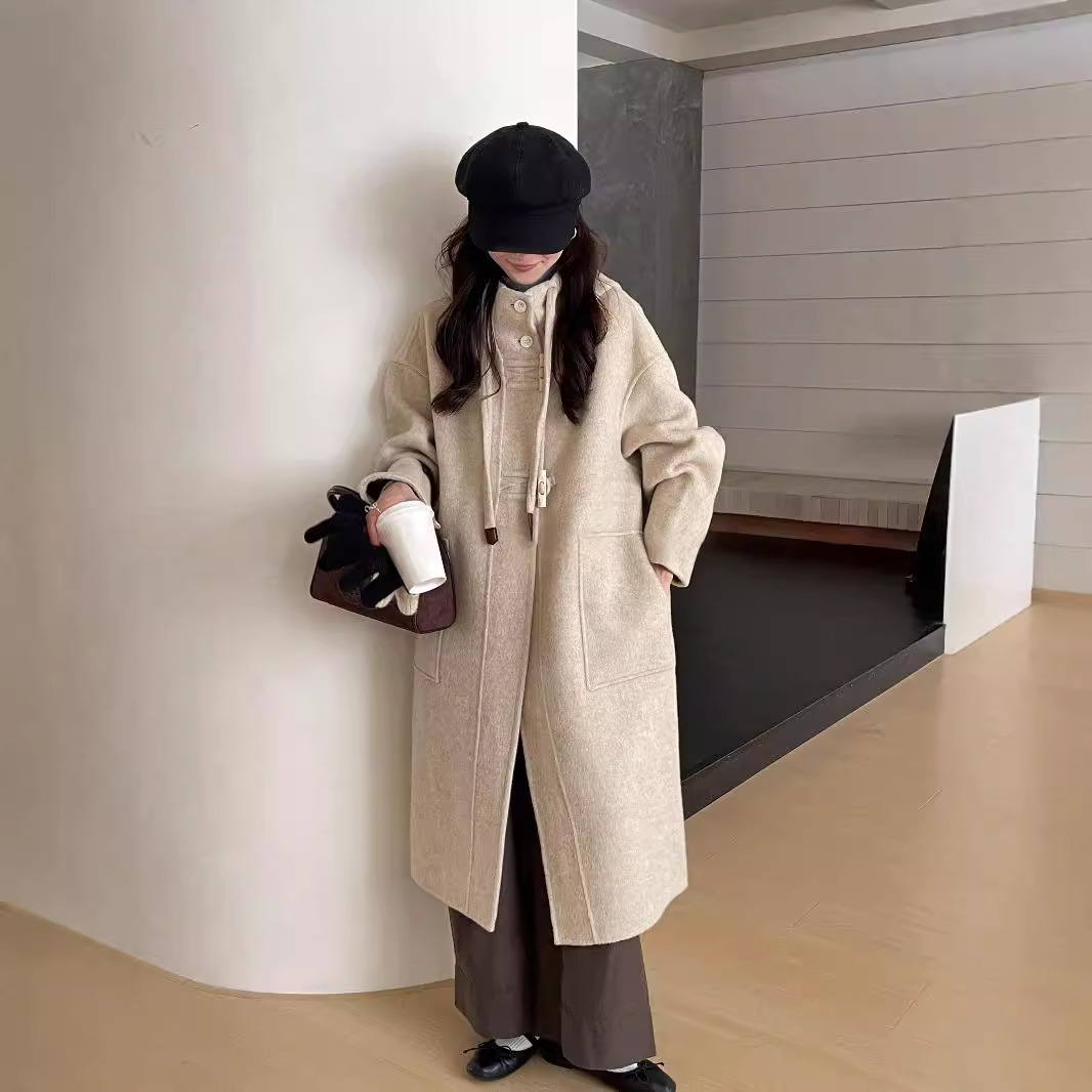 2025秋冬东大门韩版新款双面羊绒大衣女中长款宽松连帽羊毛呢外套
