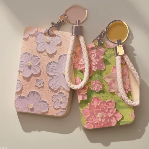 Oil Painting Flower Design Card Holder for Campus Student Id, Bus and Subway Work Id, Protective Cover with Lanyard and Keychain