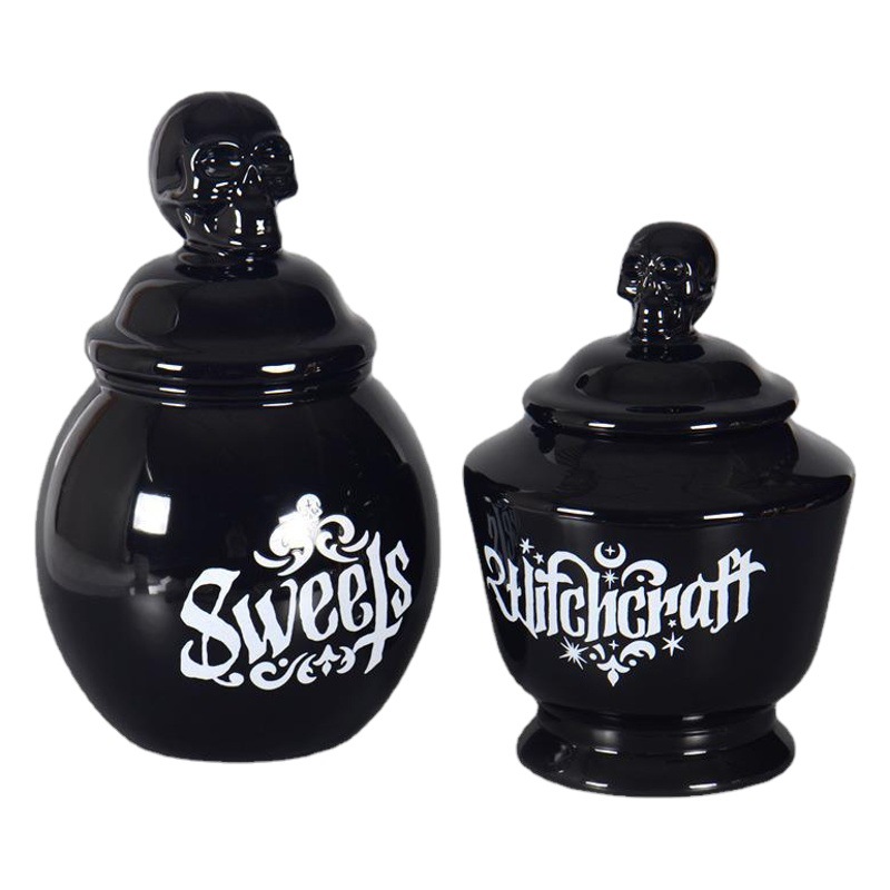 Estricta Selección de estilo europeo Halloween 3D alivio de cerámica sellada jarra de galletas grande negro tarro de almacenamiento de animales de dibujos animados