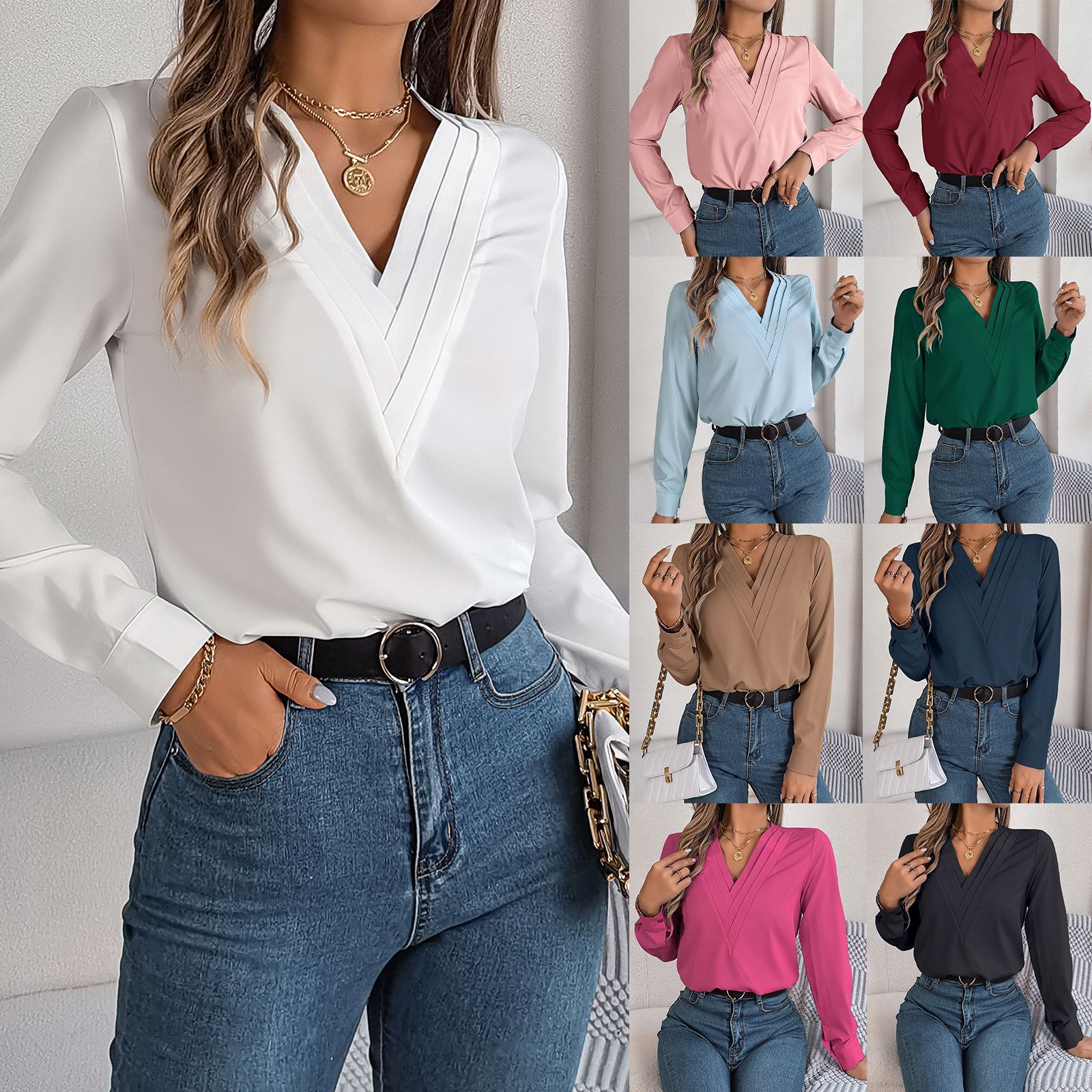 Real Shot of 2026 Spring/Summer Elegant Solid Color Layered V-Neck Long-Sleeve Shirt Amazon Cross-Border Women's Clothing