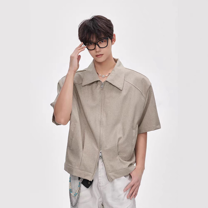Cleanfit Silhouette Double Zipper Short-Sleeved Jacket Men's 2025 Summer New American Short Wide Boxy Shoulder Pad Top