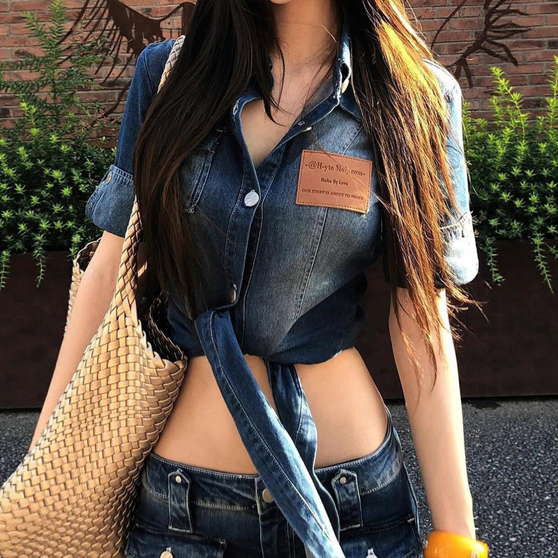 American Hot Girl Shirt with Adjustable Cuffs and Waist, Short Top for Women, Design Straps, Soft Thin Denim Short Sleeves American Hot Girl Shirt with Adjustable Cuffs and Waist, Short Top for Women, Design Straps, Soft Thin Denim Short Sleeves