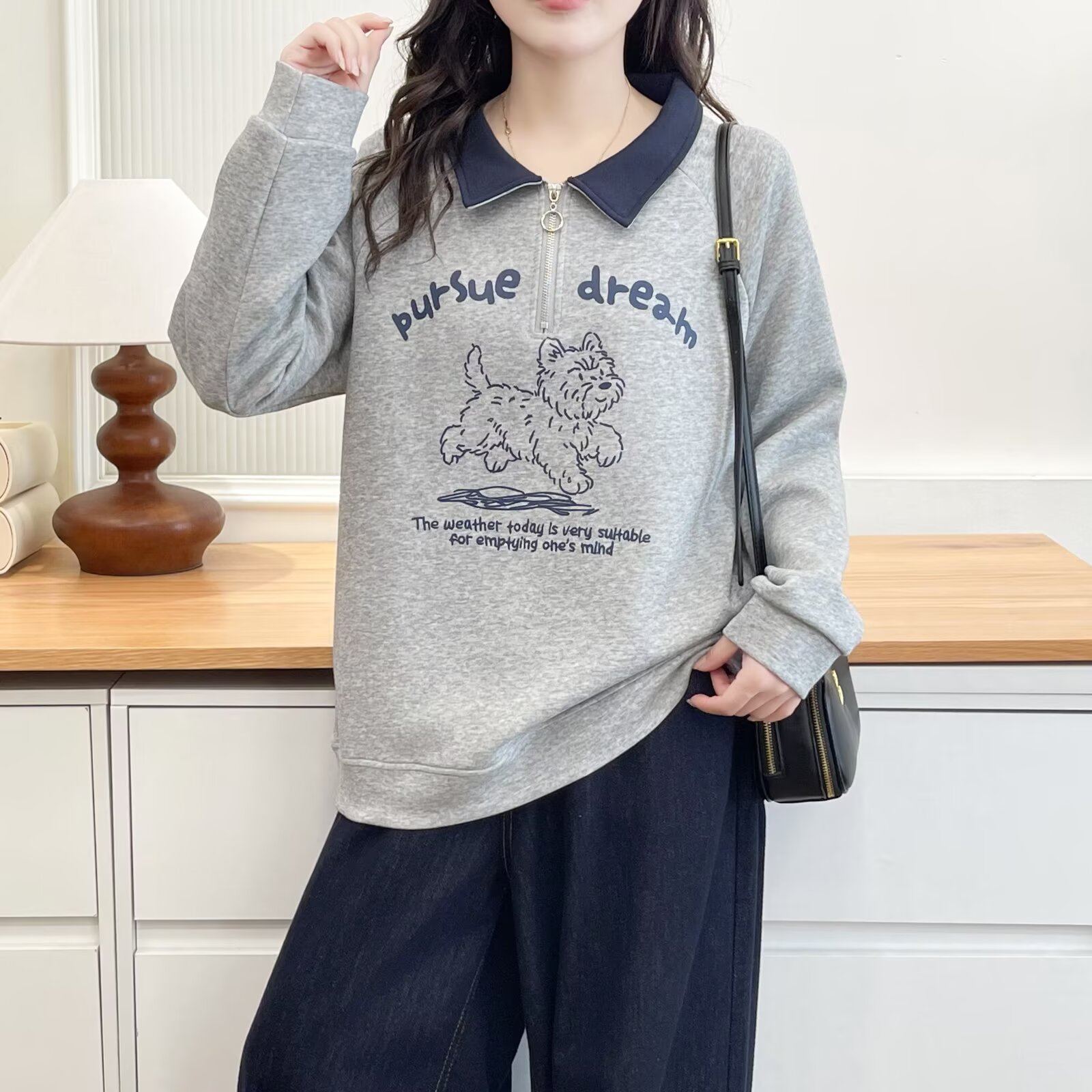 [Special] 2026 Autumn New Collection: Plus-Size Women's Clothing, Age-Defying, Versatile, Preppy-Style, Half-Open Collar, Printed Sweatshirt 0927