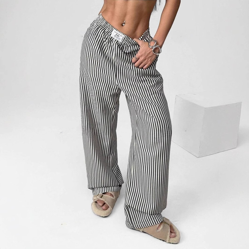 European and American Amazon Cross-Border 2025 Spring and Summer Foreign Trade Women's Striped Home Casual Long Pants Straight-Leg Pants That Make Legs Look Longer