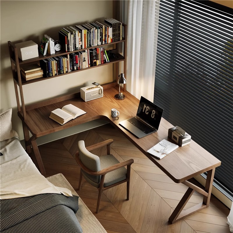 All Solid Wood Corner Desk Bookshelf Integrated Double Home Desk L-Shaped Computer Desk Bedroom Simple Study Table