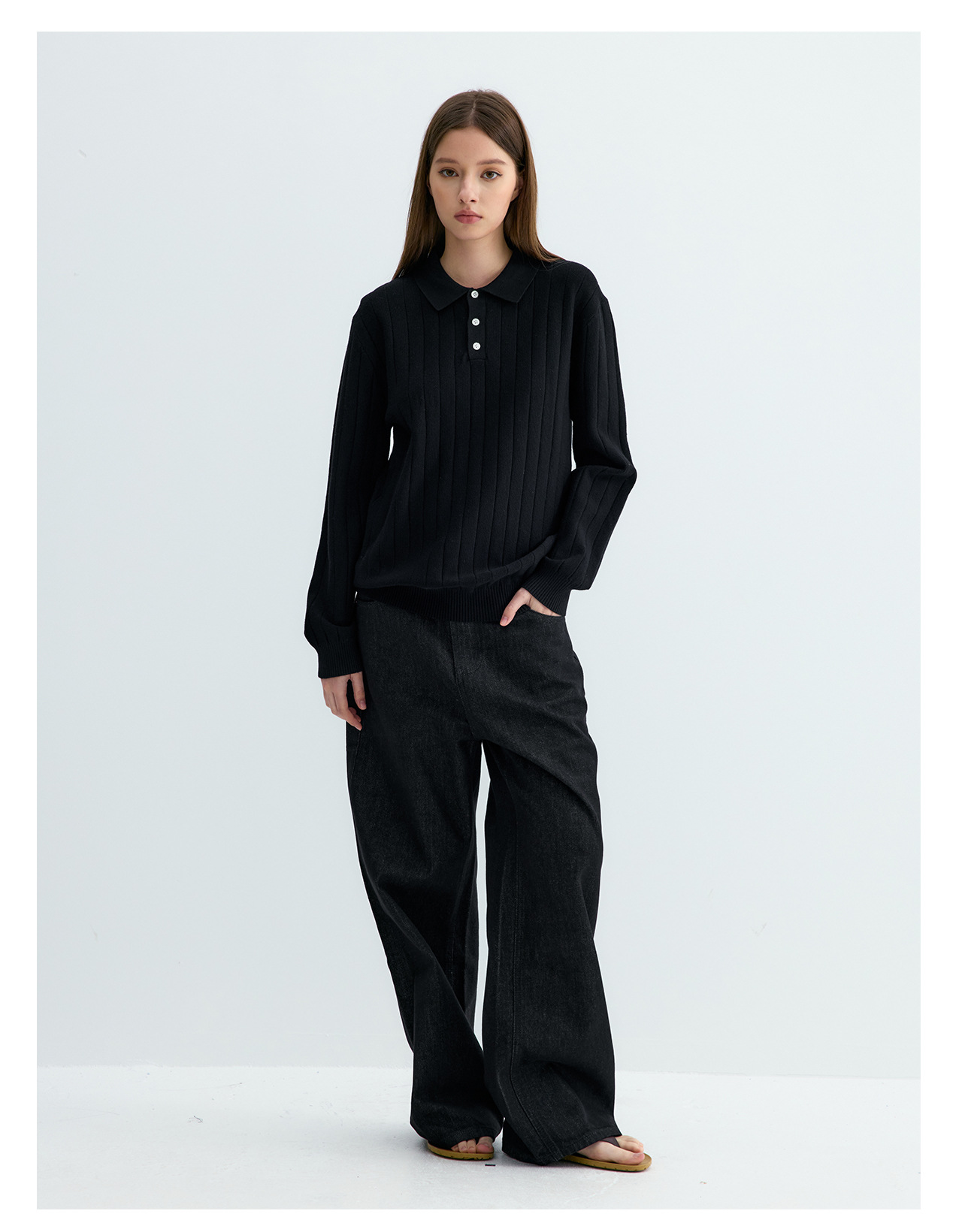 UNF 250g Ribbed Knit Polo Sweater