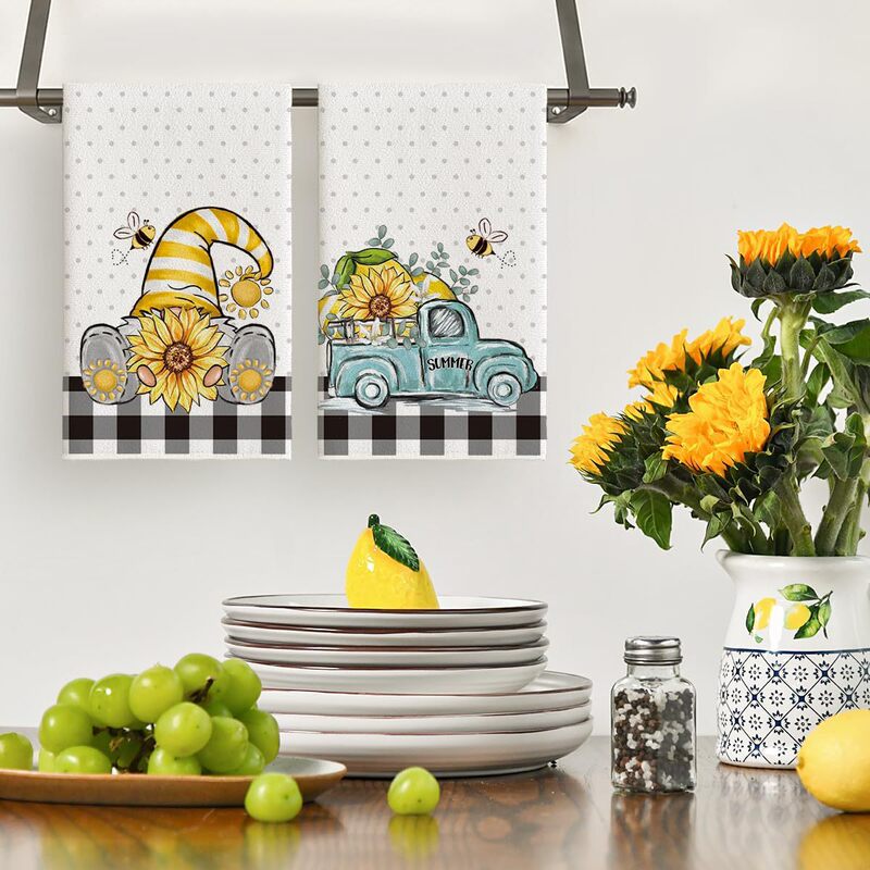 Cross Border Kitchen Towel Dwarfs Bee Truck Sunflower Printed Dishwashing Towel Table Decorative Holiday Towel