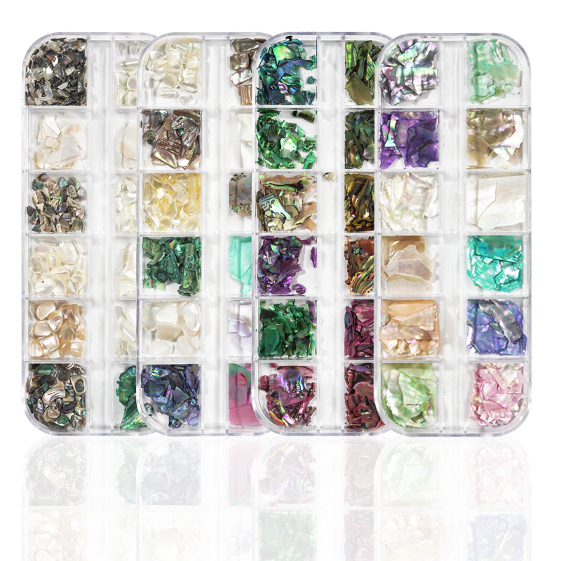 Nuevo fragmento de concha de uñas joyas 12-color mezclado pieza de concha de uñas color mágico Delgado fragmento irregular