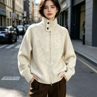 欧美俄罗斯跨境新款立领双拉链毛衣外套女慵懒风宽松加厚针织开衫