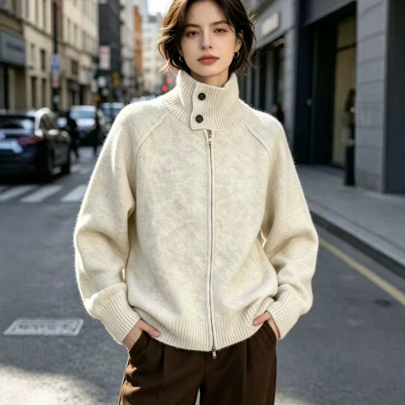 New European, American, and Russian cross-border stand-up collar double-zipper sweater jacket for women, casual style, loose and thick knitted cardigan