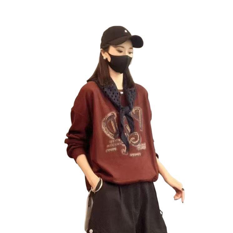 琪镌绘制字母印花卫衣秋季新款 时尚减龄宽松显瘦圆领长袖上衣女|undefined