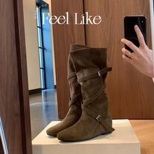 6cm内增高西部牛仔靴子女2025新款韩系圆头扣带柔软褶皱显瘦中筒