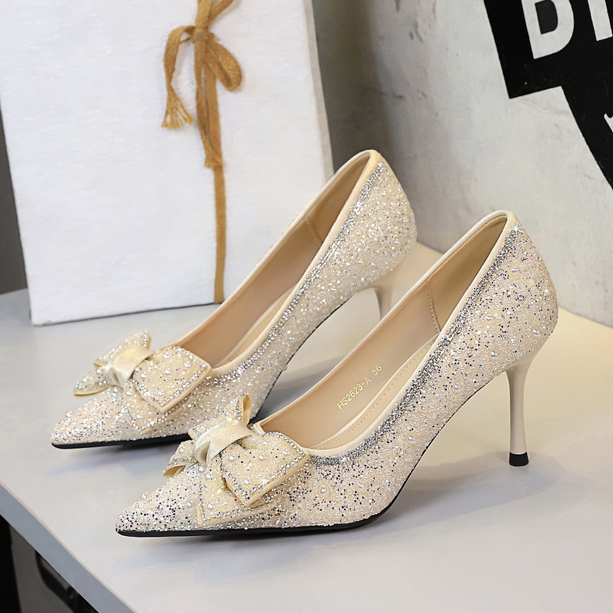 2623-AH99 French-style Sequin Beaded High-heeled Pointed-toe Shallow Bow Rhinestone Stiletto Slip-on Women's Shoes_vogvips.com