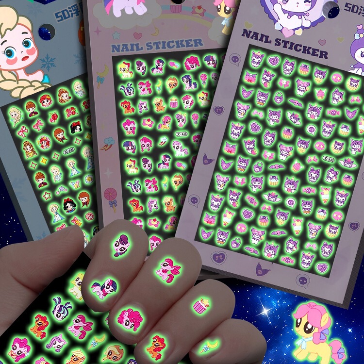 Luminous Nail Stickers 5D Embossed Kidsren and Girls Waterproof Tattoo Stickers Baby Nail Stickers Princess Toenail Stickers
