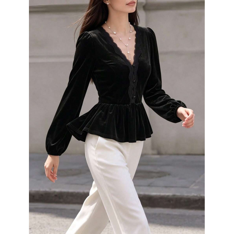 Amazon cross-border European-style autumn lace-trimmed V-neck front-button puff-sleeve slim-fit ruffle top shirt