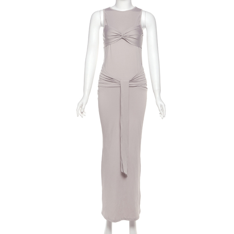 Elegant Womens Sleeveless Dress Solid Color Round Neck Tie Detail Slim Fit Winter Fashion Wholesale Available