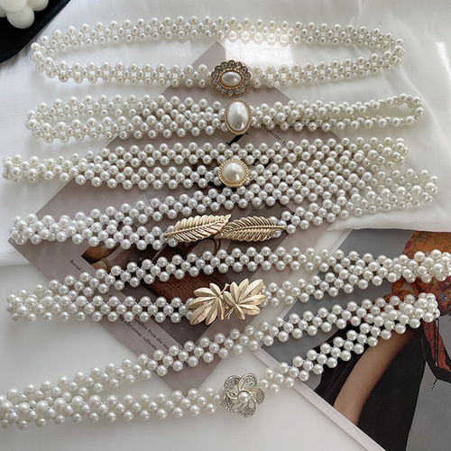 Korean style pearl waist chain ladies belt fashion dress sub-decoration rhinestone elastic beaded elastic waistband wholesale