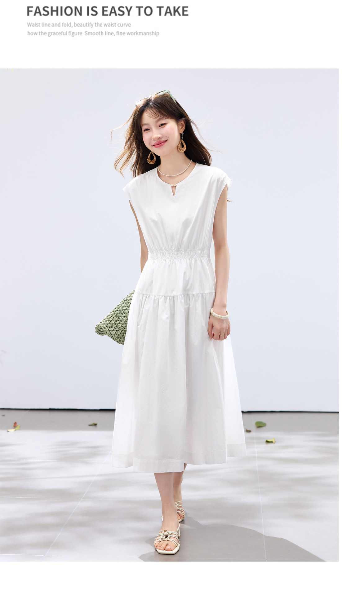 Đầm suông midi tay ngắn A chữ, kèm khăn choàng ren, dáng suông che khuyết điểm — màu trắng, màu vàng chi tiết 17