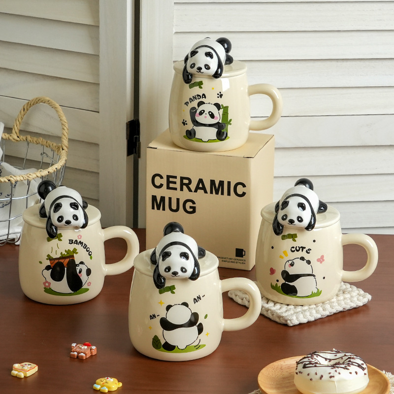 High-Appearance Ceramic Panda Cup with Lid and Spoon, Cute Water Cup for Girls, Office Gift Mug