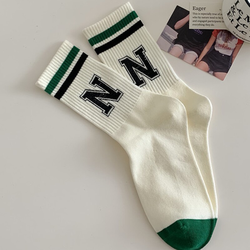 Socks Women's Green South Korea Striped Letter Mid-Socks Ins Fashionable Socks American Style Retro College Style Sports Women's Socks
