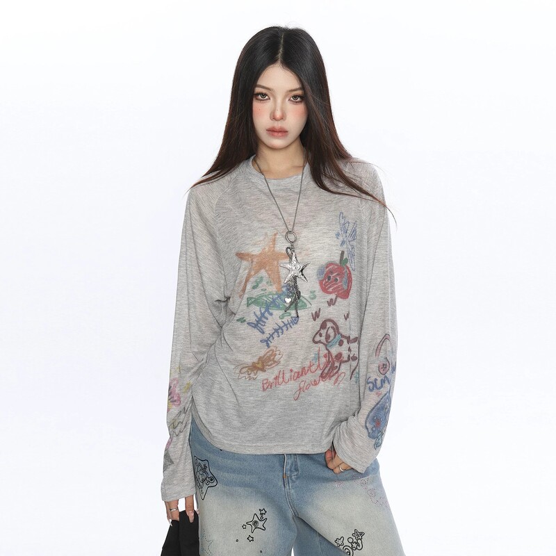 Factory Casual Style Cartoon Graffiti Print Long-Sleeve T-Shirt Cover-Up for Women, Summer Slim-Fit Thin Sun Protection Top Trendy