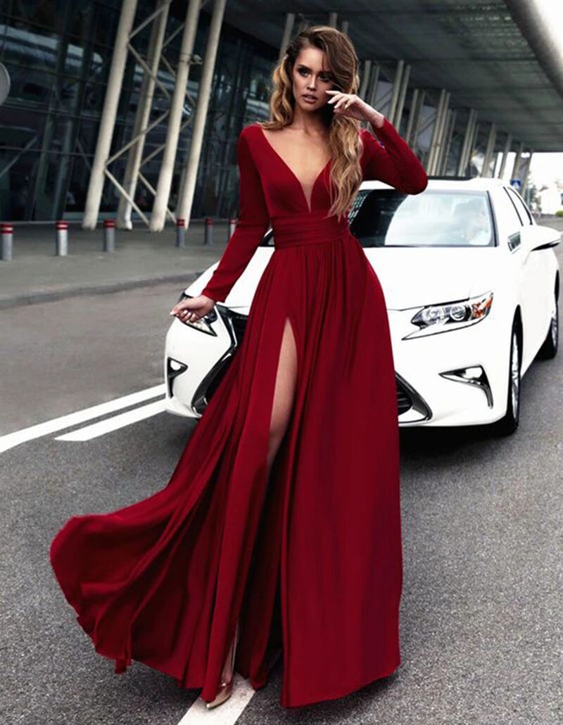 Vestido de noche largo de gasa elegante con cuello en V y manga larga, estilo europeo y americano, para comercio exterior, Amazon, AliExpress, Wish image 7