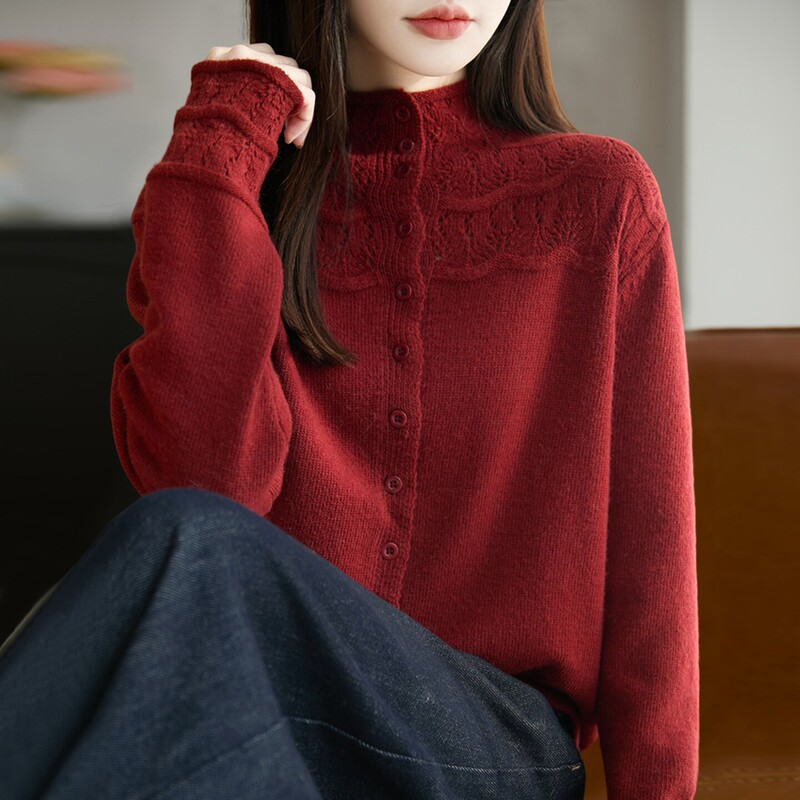 Women's open-front knitted cardigan with a stand-up collar, featuring delicate lace trim on the sleeves, offering a gentle and elegant look, a loose fit, and a slimming effect, perfect as an outer layer Women's open-front knitted cardigan with a stand-up collar, featuring delicate lace trim on the sleeves, offering a gentle and elegant look, a loose fit, and a slimming effect, perfect as an outer layer