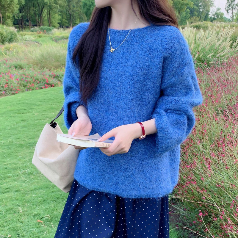 YUNSHU韩版软糯复古圆领套头秋冬毛衣女高级感宽松慵懒针织衫外穿|undefined