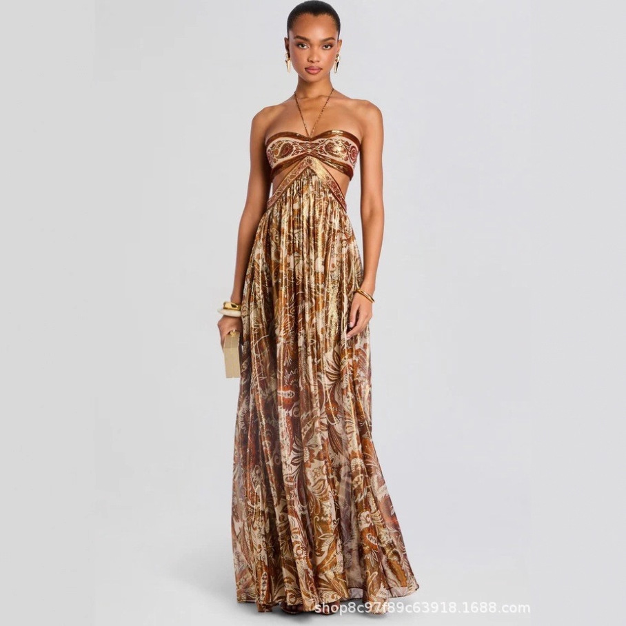 European and American Cross-Border 2025 Summer New Dress Long Skirt Suspender Backless Sexy Banquet Halter Dress