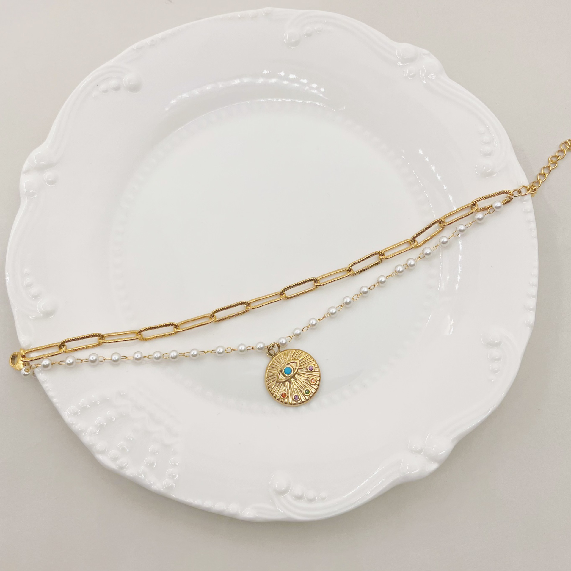 Fashion Devilu0027S Eye Stainless Steel Pearl Plating Inlay Zircon Bracelets 1 Piece