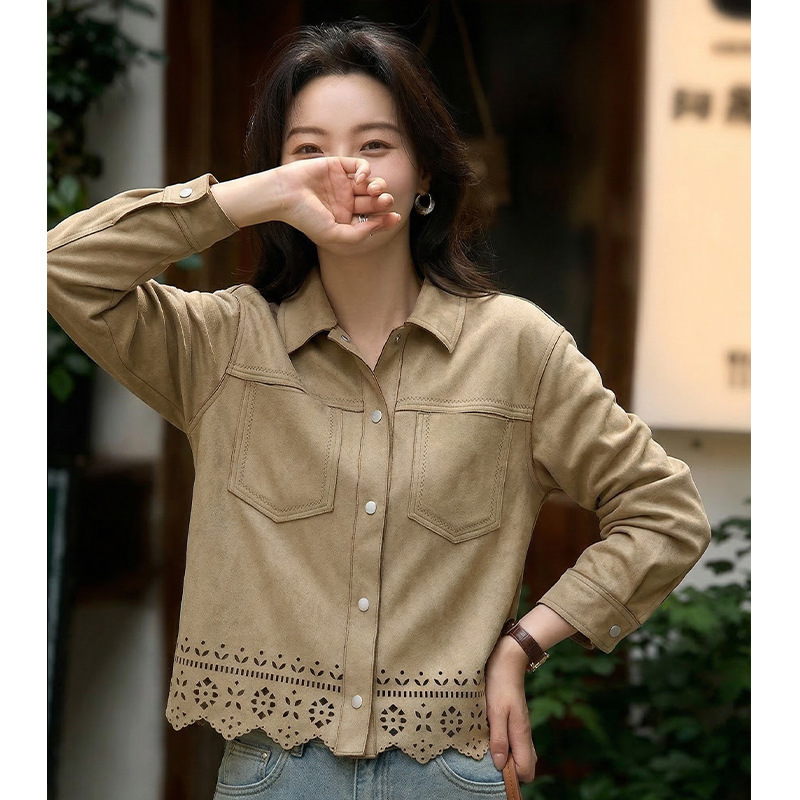【Elegant Order】Artistic Retro Design Long-Sleeve Jacket, Slimming and Versatile, Light Brown Lapel Hollow-Out Cardigan