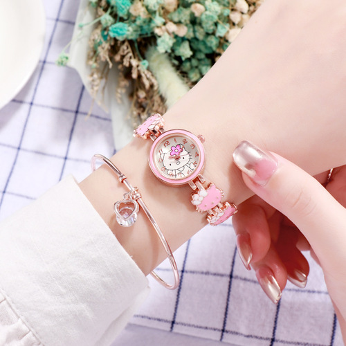 New KT Cat Watch Women's Fashionable and Cute Children's Bracelet Steel Band Watch Women's Student Electronic Quartz Watch