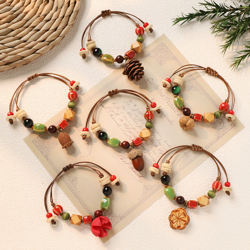 森系复古天然植物果实手链手工编织橡果手绳女小众文艺民族风手串