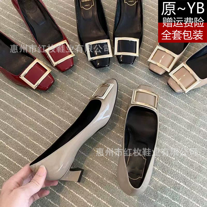 High Version ~ Square Buckle Rv Flats for Women, New Patent Leather Shoes, Thick Heel, Medium Heel, Square Toe, Metal, Same Style, Shallow Mouth, Genuine Leather