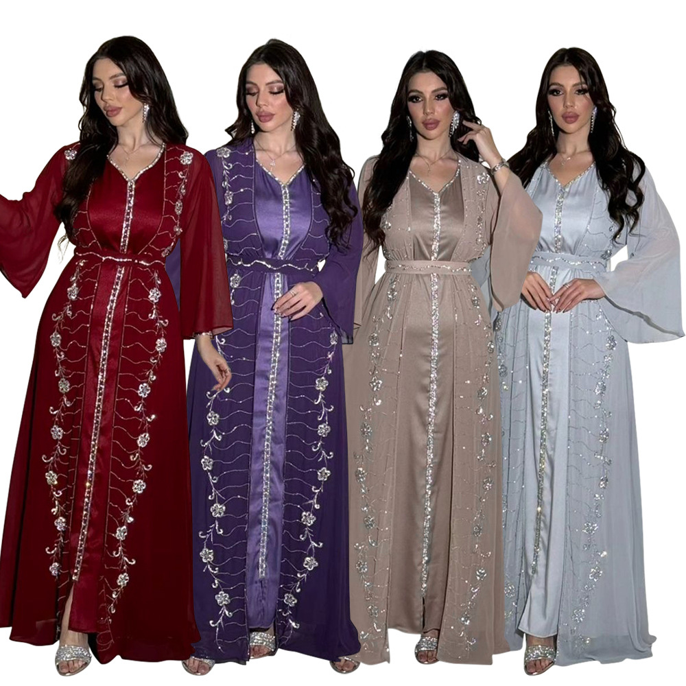 XQY500261 Four-Season Commuting Vest + Jacket Dress Chiffon Rhinestone Muslim Suit Robe_ecoleips.com