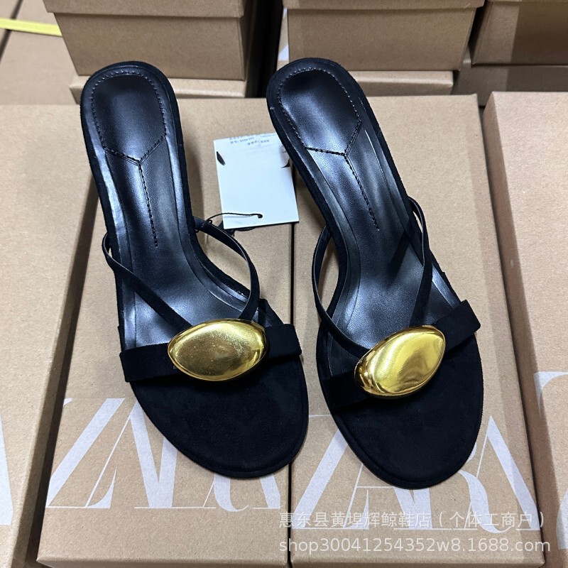 Zar Spain 2025 Women's Shoes Black Metal Detail Decorated Round Toe Stiletto Heels Sandals Women's Fashion Versatile