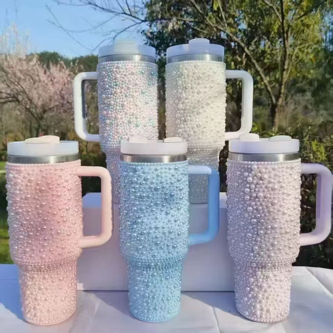 Perlas de diamantes adhesivos transfronterizas 40oz mango taza de hielo al vacío taza de coche portátil taza de aislamiento de acero inoxidable
