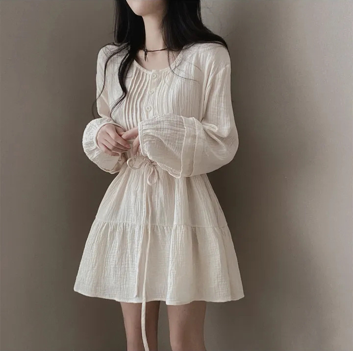 Korean Chic Spring and Summer French Gentle Style Round Neck Pleated Design Petite Lace-Up Waist Slimming Look Dress for Women