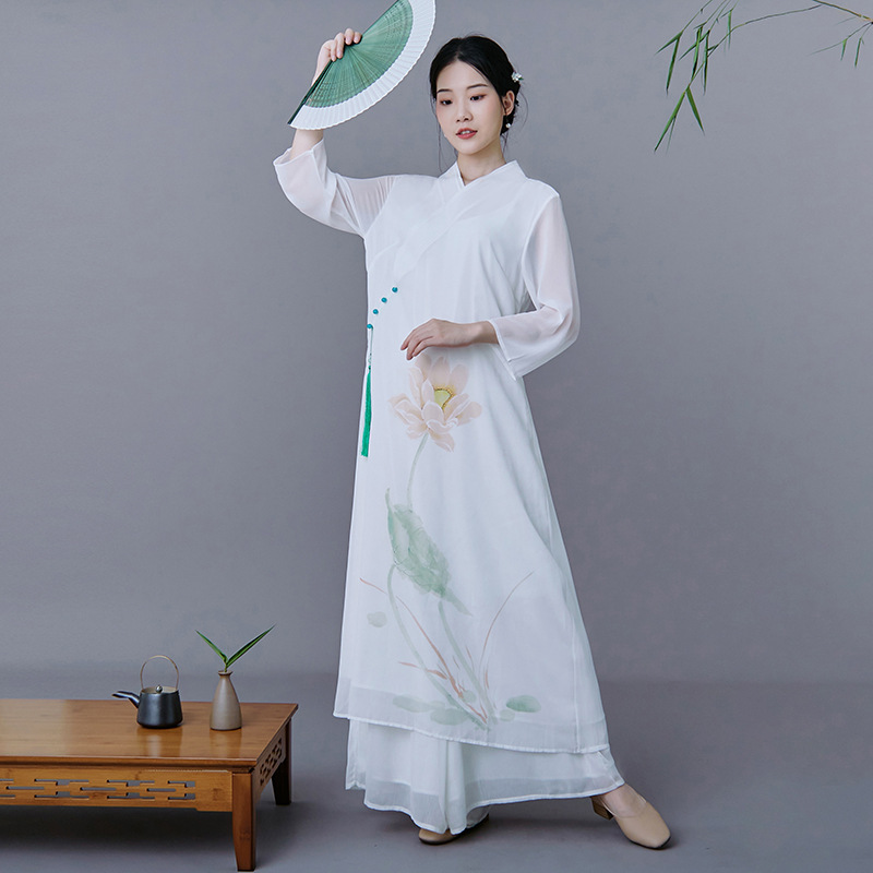 中国風改良レースアップ斜め襟禅茶服文学レトロ長袖シフォンドレスワイドレッグパンツスーツ|undefined