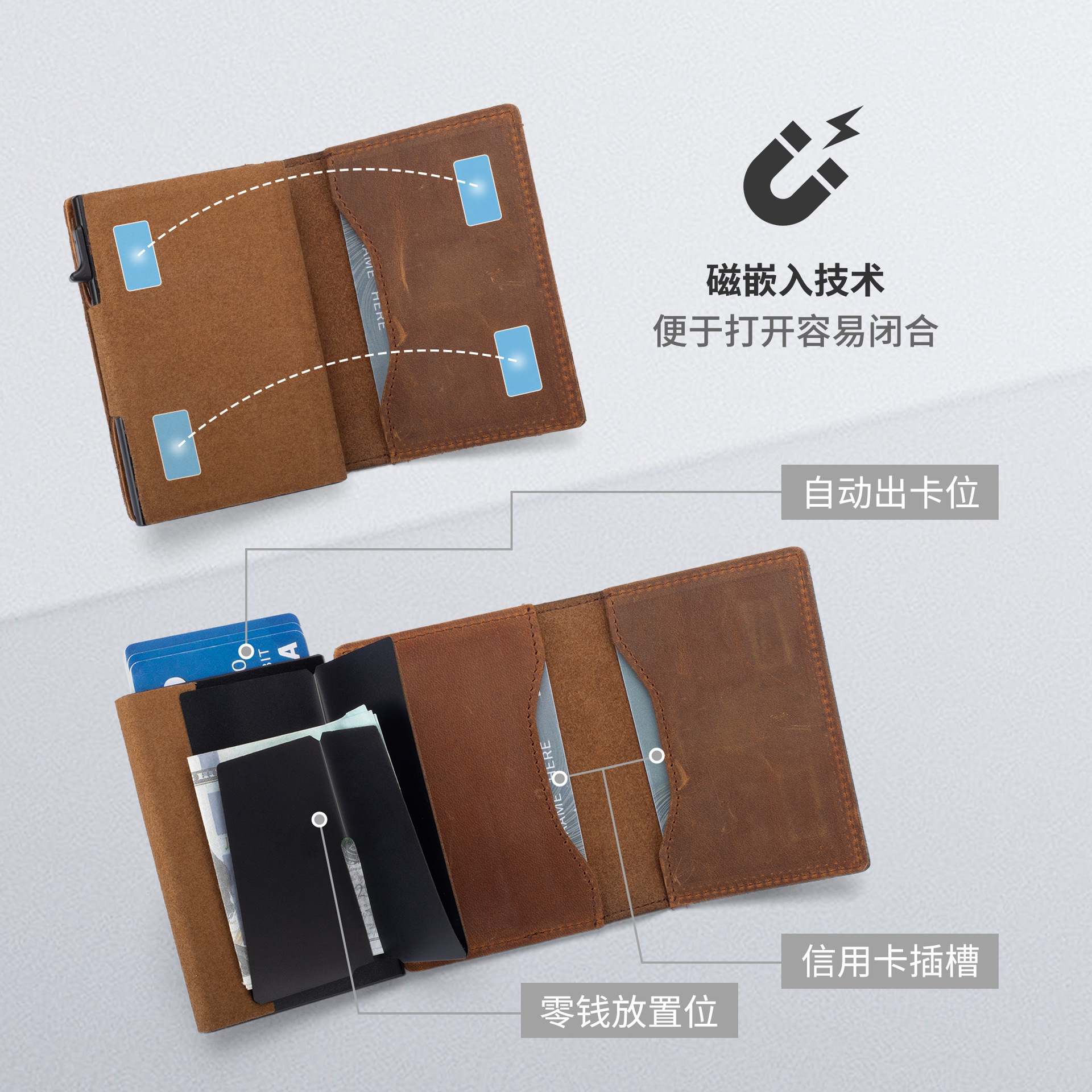 Amazon con airtag posicionamiento flip cartera RFID cubierta de tarjetas de cuero real tres plegables cartera de hombre de piel de caballo loco