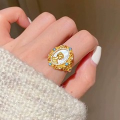 古バビロン女神貝母真珠レリーフ指輪レトロ宮廷風ジュエリー宴会アクセサリー女