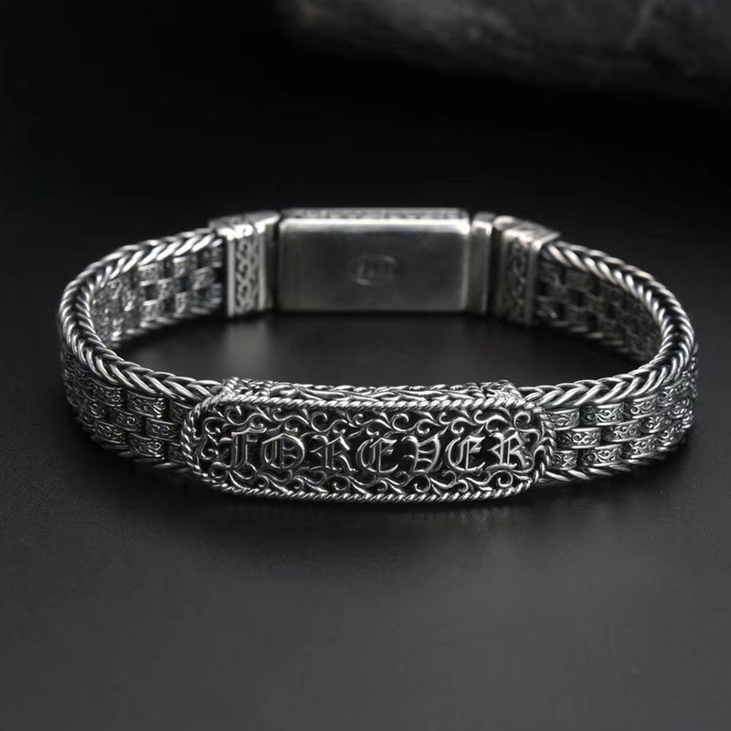 Forever Rattan Grass Bracelet S925 Sterling Silver Retro English Letter Ring Connected Hand-woven Men's Bracelet Forever Rattan Grass Bracelet S925 Sterling Silver Retro English Letter Ring Connected Hand-woven Men's Bracelet