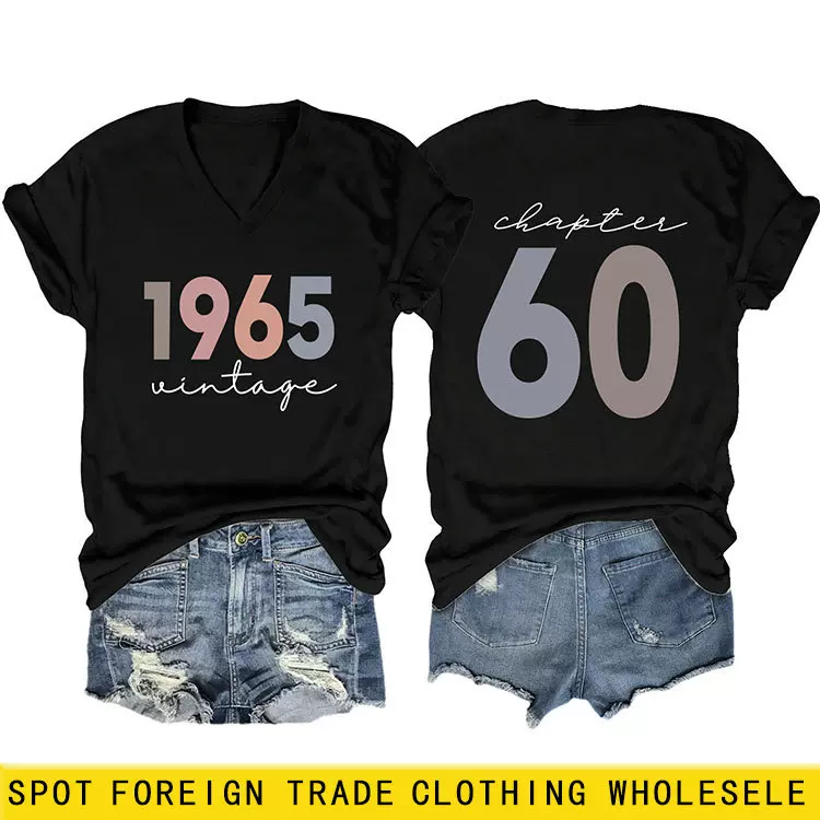 亚马逊wish跨境时尚潮流女士V领1965 vintage chapter短袖T恤批发