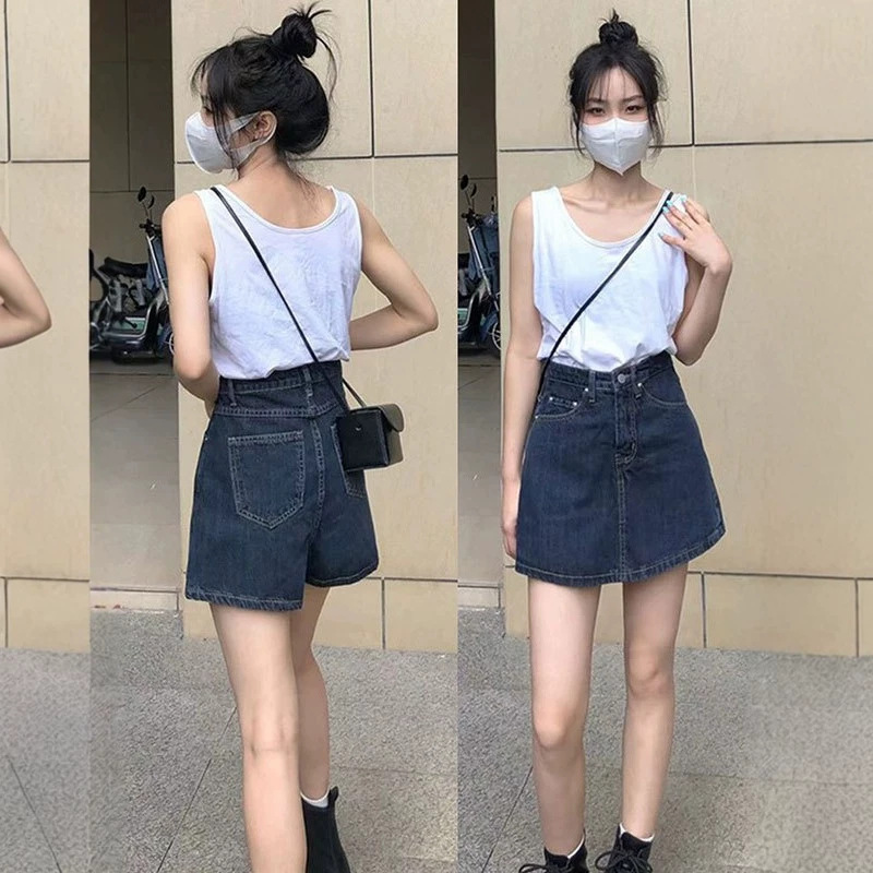 Plus-size pear-shaped high-waisted denim skirt for summer, anti-exposure, slimming, petite A-line shorts skirt