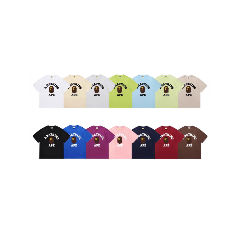 Cross-Border Trendy Brand with Complete Three-Brand Logos Bape Ape Head Double Yarn Pure Cotton Loose Round Neck Short-Sleeve T-Shirt Unisex