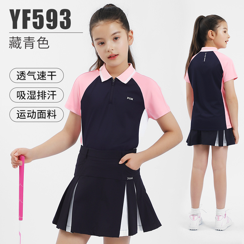 Quần golf dài hơi loe bé gái PGM thắt lưng co giãn mùa thu — YF593-Áo màu xanh nước biển [thiết kế phối màu/thoáng khí co giãn], YF593-Ai Green Top [Thiết kế phối màu/thoáng khí co giãn], YF593-Áo trắng [thiết kế phối màu/thoáng khí co giãn], KUZ197-Quần đen [thắt lưng hơi xẻ/co giãn]
