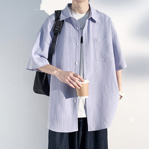 Men's summer thin short-sleeve pure color casual hip-hop cool five-point collared shirt, perfect for summer outerwear