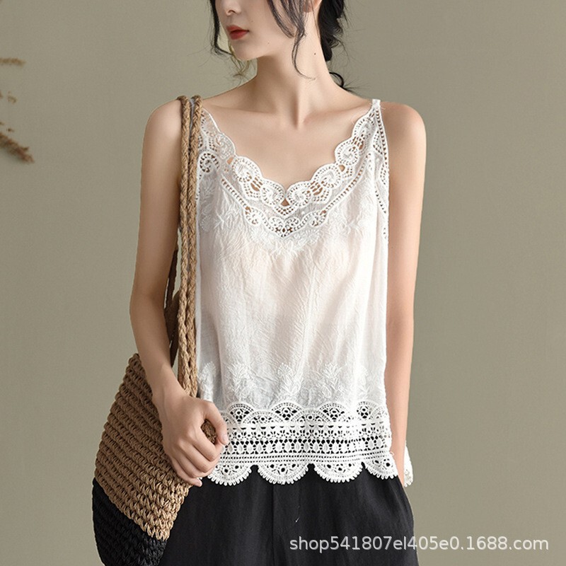 Ultra-Thin Hollow Lace Dopamine Cotton and Linen Camisole Women's Summer Loose Inner Layering Shirt Top