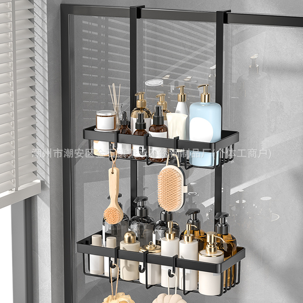 Estante de doble capa en la parte trasera de la puerta del baño con gancho trasero, estante multifuncional para artículos de baño, estante de almacenamiento de baño sin perforación